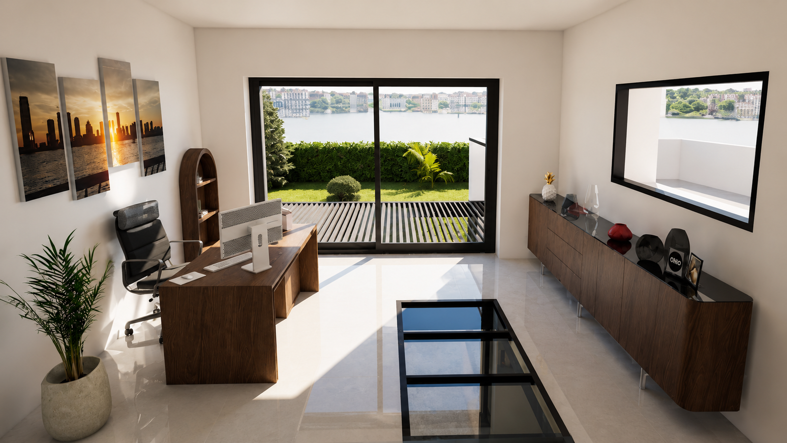 Un bureau moderne et lumineux pensé pour allier confort, concentration et élégance architecturale. Cet espace de travail intégré à la Villa D offre une atmosphère apaisante grâce à ses volumes ouverts, ses lignes minimalistes et sa connexion directe avec l’extérieur. 🌿