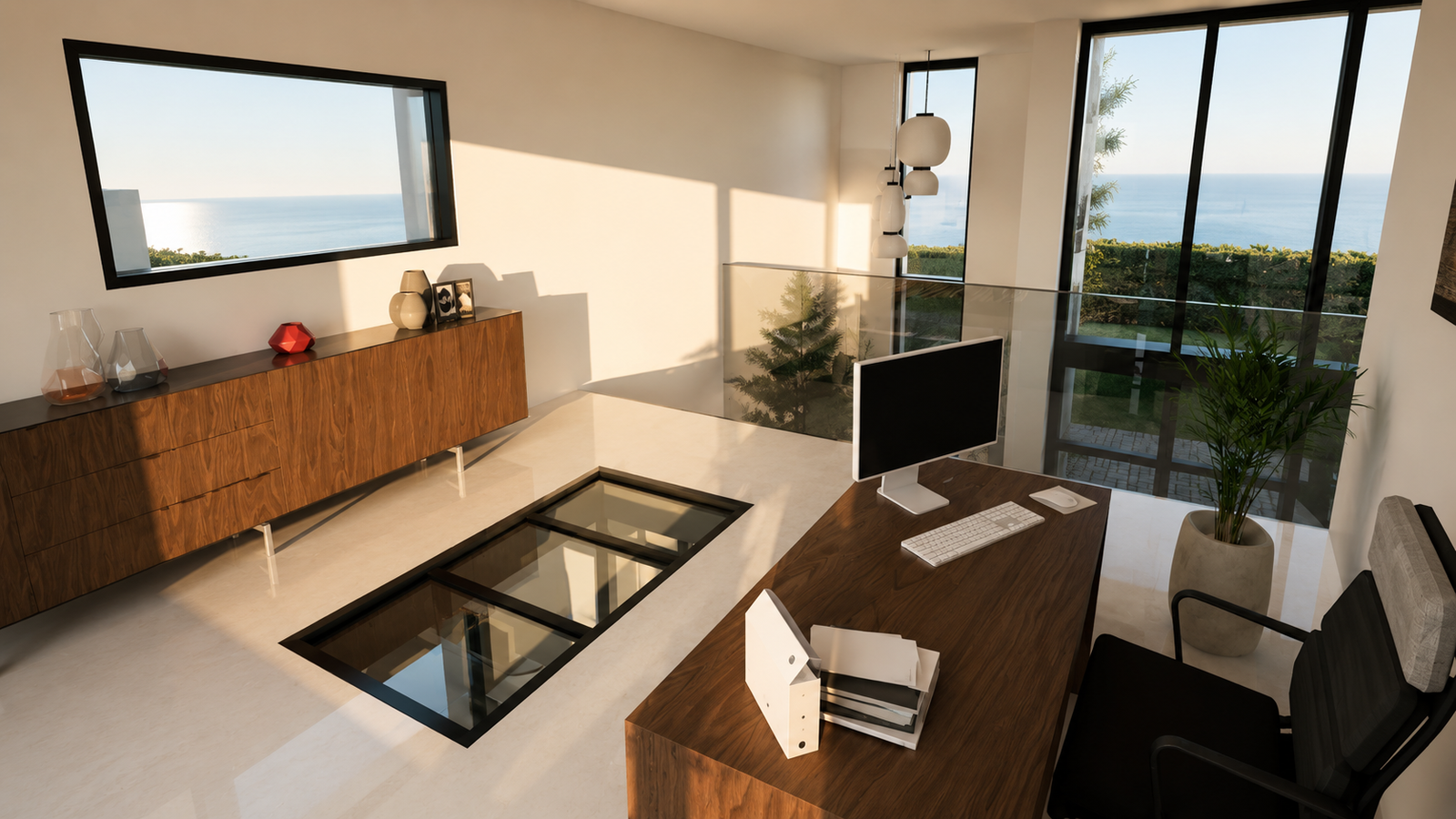 Un bureau moderne et lumineux pensé pour allier confort, concentration et élégance architecturale. Cet espace de travail intégré à la Villa D offre une atmosphère apaisante grâce à ses volumes ouverts, ses lignes minimalistes et sa connexion directe avec l’extérieur. 🌿