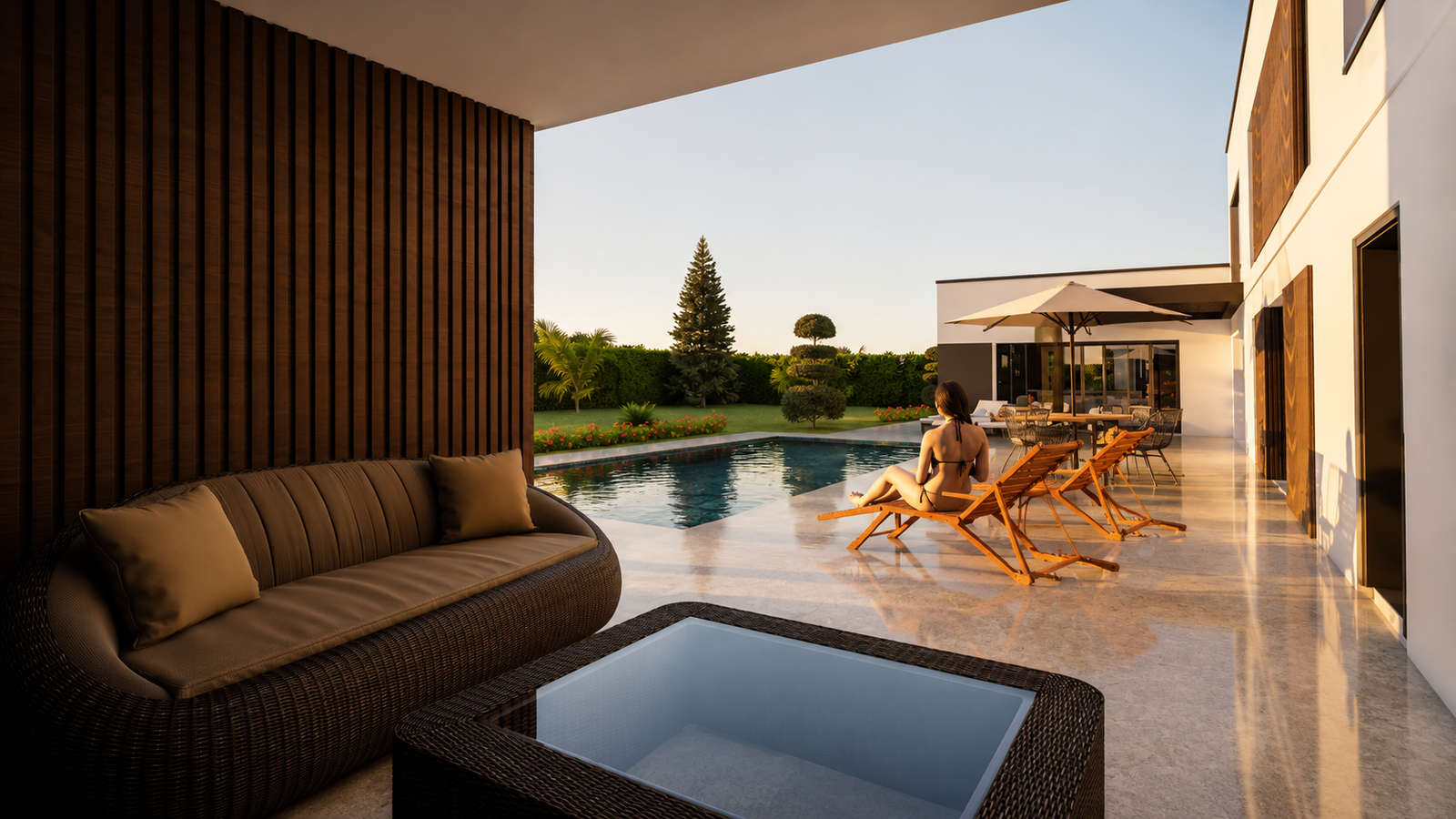 Un extérieur pensé pour offrir une expérience de vie élégante et apaisante. Cette terrasse contemporaine met en scène des matériaux nobles, des lignes minimalistes et une atmosphère chaleureuse sublimée par la lumière naturelle et les reflets de la piscine. ✨
