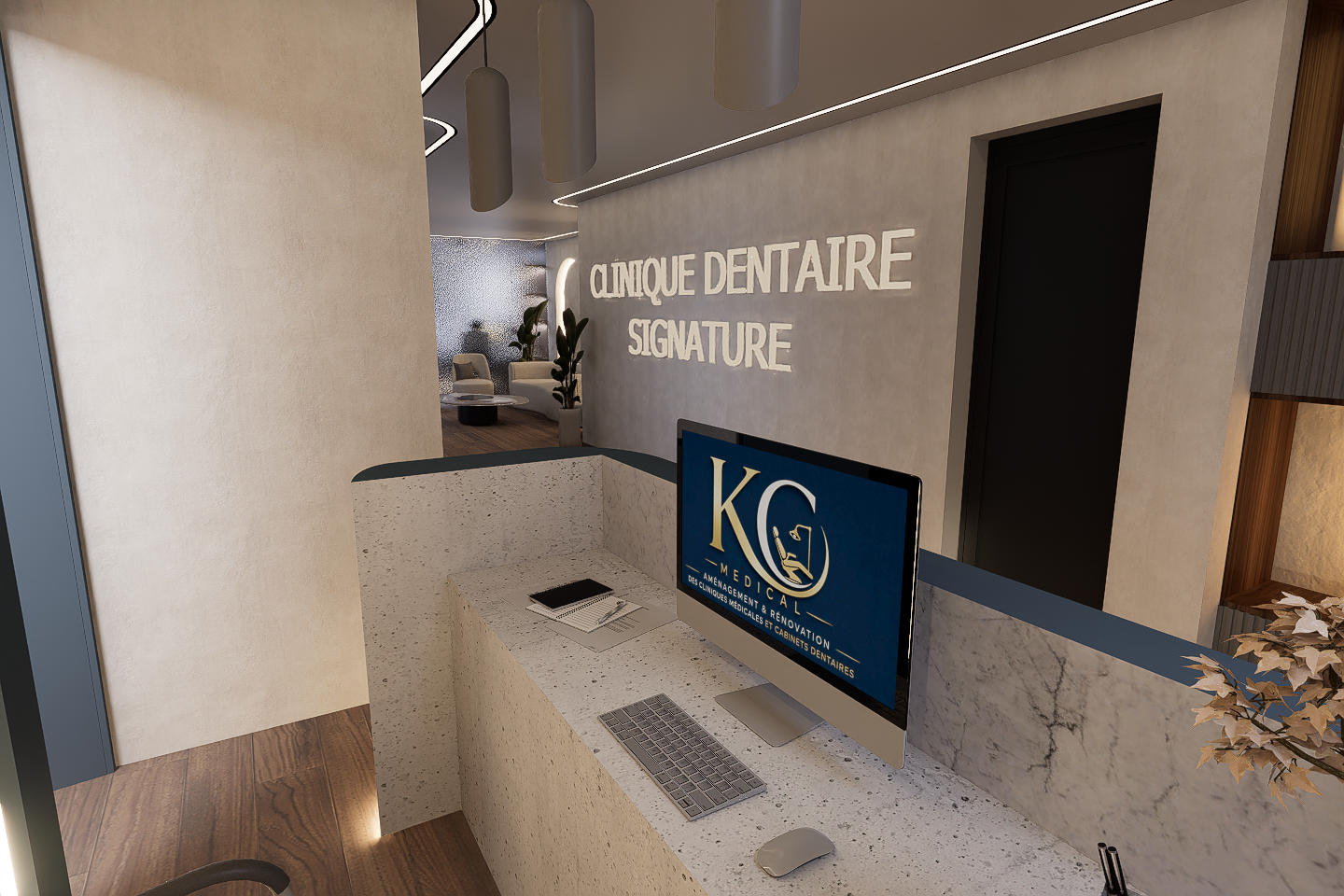 Cabinet Dentaire “Signature” — Une expérience premium dès le premier regardUn projet où l’architecture intérieure devient un véritable outil d’image de marque, pensé pour refléter l’excellence et le raffinement d’un cabinet dentaire moderne.Dans ces rendus 3D, chaque espace a été conçu pour allier confort patient, fluidité de circulation et identité forte :🔹 Accueil contemporain et haut de gammeUn comptoir en matériaux nobles aux lignes minimalistes, accompagné d’un écran branding “KC Medical” et d’un éclairage doux intégré qui souligne la précision du design.🔹 Une identité forte et lumineuseLe mur “CLINIQUE DENTAIRE SIGNATURE” rétroéclairé structure l’espace et impose une présence élégante, visible et mémorable dès l’entrée.🔹 Une ambiance apaisante et sophistiquéePalette de tons chauds, bois naturel, béton minéral et éclairage indirect créent une atmosphère rassurante, loin de l’image froide des cabinets traditionnels.🔹 Salle d’attente pensée comme un loungeEspace ouvert, végétation intégrée, assises confortables et matériaux texturés pour offrir une expérience patient fluide et agréable.🔹 Circulation fluide et design fonctionnelChaque zone est optimisée pour guider naturellement le patient tout en préservant intimité et sérénité.