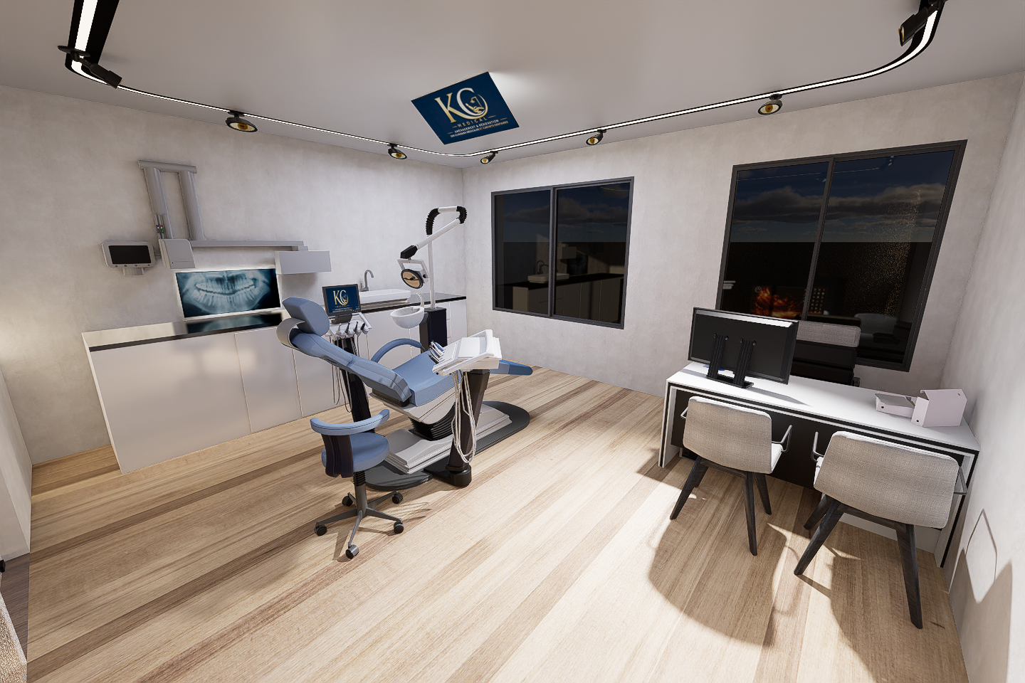 Salle de soins 2 – Cabinet Dentaire “Signature”Une salle de soins conçue comme un véritable espace de précision médicale, où technologie, ergonomie et design s’unissent pour optimiser l’efficacité du praticien tout en assurant le confort du patient.Dans ce rendu 3D, l’ambiance reflète une approche moderne et haut de gamme du soin dentaire :🔹 Poste de travail ergonomique et fonctionnelFauteuil dentaire moderne positionné de manière optimale, avec accès fluide aux instruments et équipements pour une gestuelle médicale précise et efficace.🔹 Technologie intégréeÉcran de visualisation radiographique mural permettant un diagnostic immédiat et une communication claire avec le patient.🔹 Zone praticien optimiséePlan de travail épuré, rangements intégrés et organisation intelligente pour maintenir un environnement stérile, ordonné et performant.🔹 Design chaleureux et rassurantAssociation du bois naturel, des tons neutres et d’un éclairage LED indirect pour casser l’aspect médical froid et créer une atmosphère apaisante.🔹 Éclairage technique maîtriséSpots directionnels et lumière opératoire garantissent une visibilité parfaite tout en conservant un confort visuel optimal.🔹 Espace bureau intégréCoin consultation et gestion avec poste informatique, permettant une continuité entre soin, diagnostic et administration.💡 Une salle de soins pensée pour incarner la précision médicale moderne, sans compromettre l’expérience humaine et le confort du patient.