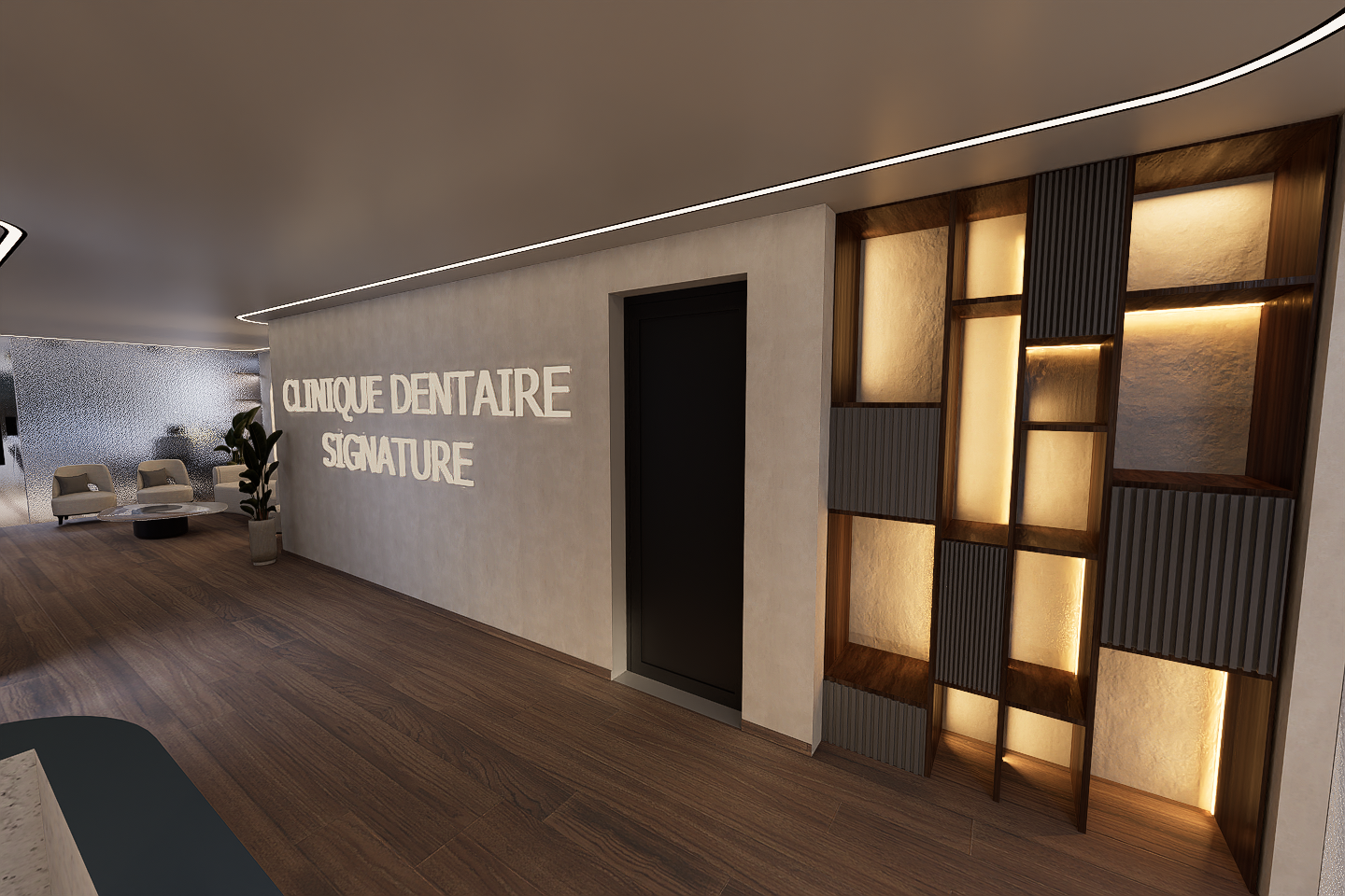 Réception – Cabinet Dentaire “Signature”Une réception qui impose immédiatement l’identité du projet : moderne, élégante et minimaliste, où chaque élément a été pensé pour refléter le standing du cabinet dès le premier contact.Dans ces rendus 3D, l’espace d’accueil devient une véritable vitrine architecturale :🔹 Design contemporain et épuréComptoir aux formes arrondies et minimalistes, avec éclairage LED intégré soulignant la légèreté du volume et la modernité du concept.🔹 Mur signature iconiqueLogo dentaire rétroéclairé intégré dans un habillage en bois vertical, créant une identité forte, immédiatement reconnaissable et mémorable.🔹 Ambiance lumineuse maîtriséeJeu subtil de lumière indirecte, suspensions design et lignes LED continues au plafond pour une atmosphère premium et rassurante.🔹 Matériaux nobles et contrastes élégantsAlliance de bois naturel, enduit minéral et surfaces mates noires pour un équilibre entre chaleur et sophistication.🔹 Espace fonctionnel et fluideOrganisation optimisée de la réception avec poste informatique intégré et circulation intuitive vers les différentes zones du cabinet.🔹 Expérience patient valoriséeDès l’entrée, le patient est immergé dans un univers professionnel, apaisant et haut de gamme, loin de l’image traditionnelle du cabinet médical.