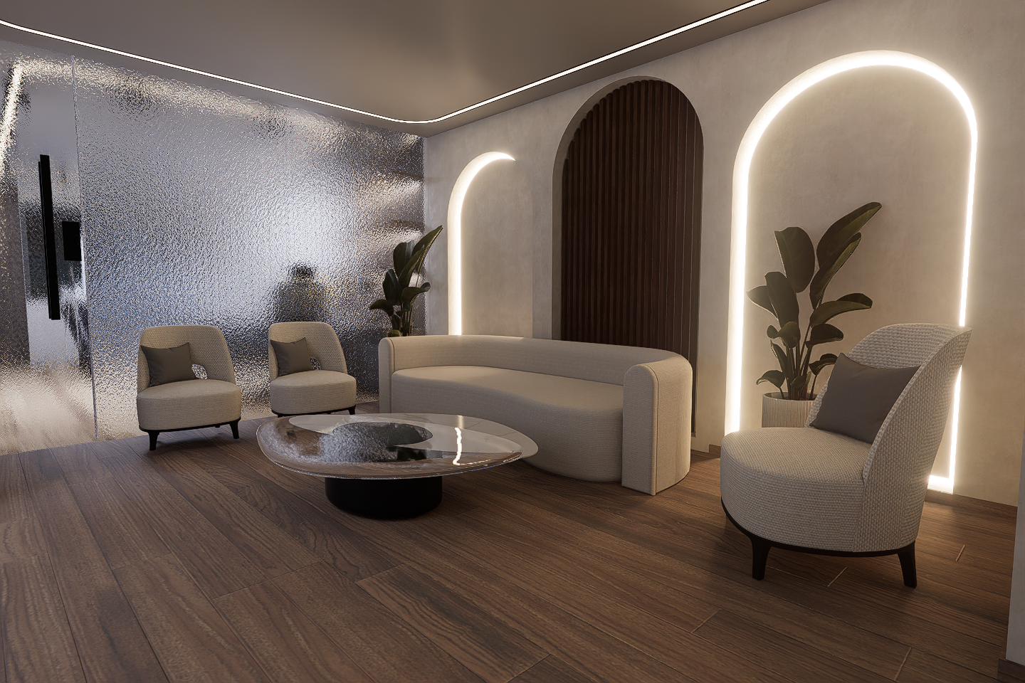 Salle d’attente – Cabinet Dentaire “Signature”Un espace pensé comme une véritable parenthèse de calme et de confort, où le design intérieur transforme l’attente en expérience premium.Dans ces rendus, la salle d’attente se distingue par une ambiance douce, chaleureuse et élégante, inspirée des codes de l’hôtellerie haut de gamme :🔹 Design organique et apaisantCanapé aux formes arrondies, fauteuils enveloppants et table centrale en finition minérale miroir pour une atmosphère fluide et sophistiquée.🔹 Architecture lumineuse signatureDes arches rétroéclairées intégrées au mur créent une profondeur visuelle unique et une ambiance rassurante, presque méditative.🔹 Matériaux nobles et naturelsBois chaleureux au sol, enduits muraux doux et textures textiles claires pour renforcer le sentiment de confort et de bien-être.🔹 Végétation intégréeDes plantes soigneusement positionnées apportent fraîcheur, équilibre et vie à l’espace.🔹 Éclairage indirect maîtriséUn jeu de LED linéaires et de lumières diffuses qui valorise les volumes sans agresser le regard.🔹 Continuité esthétique du projetL’espace reste cohérent avec l’identité globale du cabinet “Signature”, entre modernité, prestige et sérénité.💡 Un lieu qui ne ressemble plus à une salle d’attente classique, mais à un lounge médical haut de gamme pensé pour rassurer et valoriser l’expérience patient.