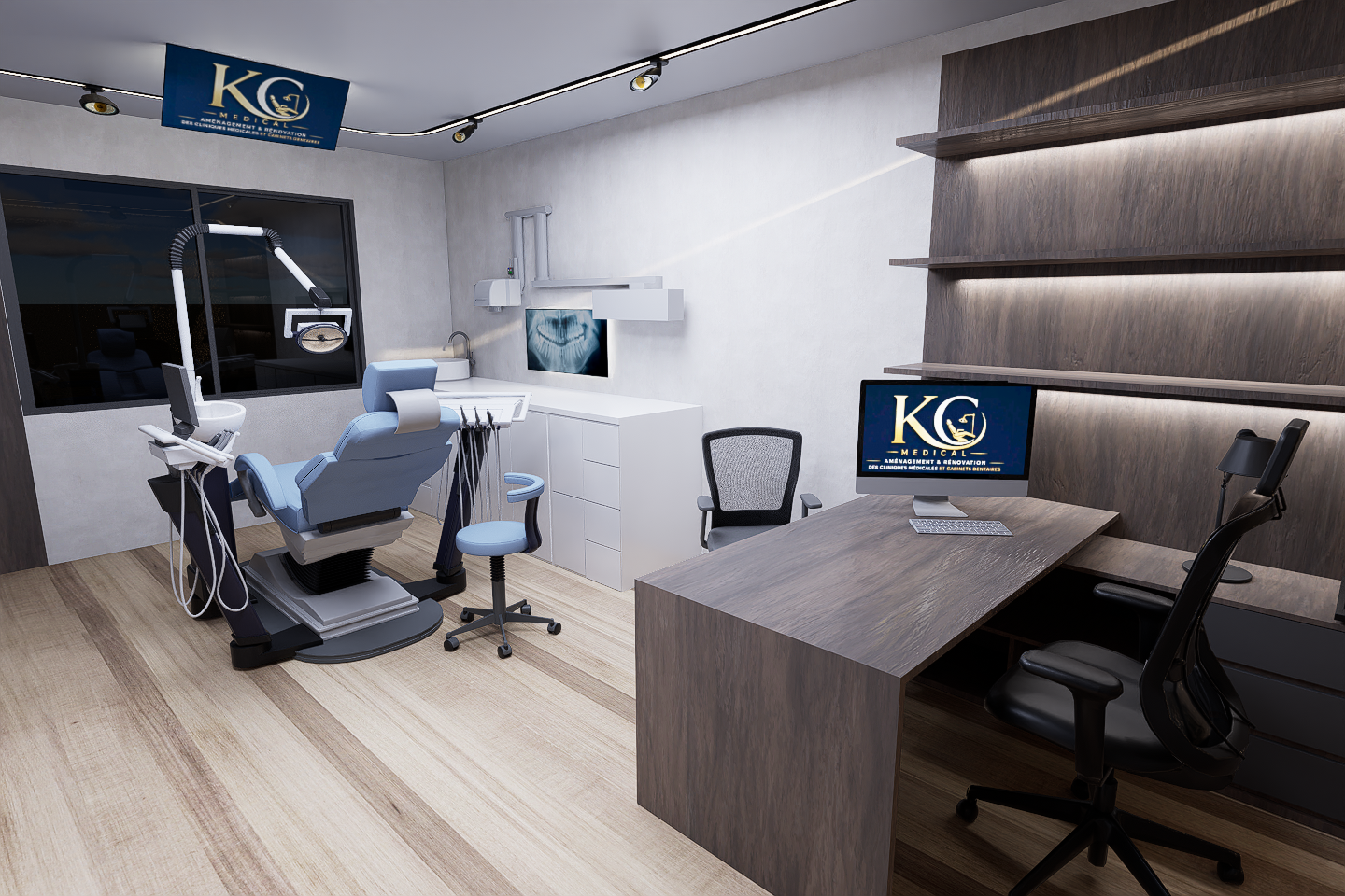 ✨ Un espace médical pensé pour allier technologie, précision et confort.Ce rendu 3D présente une salle de radiologie dentaire moderne intégrant un équipement d’imagerie avancé dans un environnement chaleureux et épuré. Le design mise sur une approche premium et minimaliste, où les matériaux naturels rencontrent l’univers médical.🌿 Concept architectural :Revêtement mural effet bois naturel vertical apportant une ambiance calme et sophistiquée.Sol imitation bois clair créant une continuité visuelle élégante.Palette de couleurs neutres : blanc, beige et gris anthracite pour renforcer l’aspect clinique haut de gamme.Éclairage intégré et indirect offrant une atmosphère douce tout en respectant les exigences d’un espace médical.🩻 Zone technique :Installation d’un appareil de radiologie dentaire panoramique / CBCT avec une implantation ergonomique.Poste de commande intégré avec écran de visualisation des images radiographiques.Organisation optimisée pour faciliter le travail du praticien et améliorer le parcours patient.🏥 Vision design :Un équilibre entre technologie médicale et expérience patient, transformant une salle technique en un espace rassurant, moderne et professionnel.