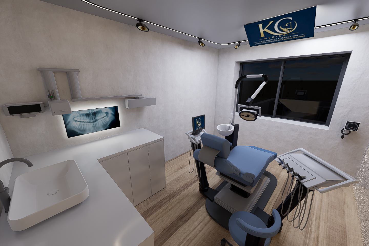 Salle de soins 2 – Cabinet Dentaire “Signature”Une salle de soins conçue comme un véritable espace de précision médicale, où technologie, ergonomie et design s’unissent pour optimiser l’efficacité du praticien tout en assurant le confort du patient.Dans ce rendu 3D, l’ambiance reflète une approche moderne et haut de gamme du soin dentaire :🔹 Poste de travail ergonomique et fonctionnelFauteuil dentaire moderne positionné de manière optimale, avec accès fluide aux instruments et équipements pour une gestuelle médicale précise et efficace.🔹 Technologie intégréeÉcran de visualisation radiographique mural permettant un diagnostic immédiat et une communication claire avec le patient.🔹 Zone praticien optimiséePlan de travail épuré, rangements intégrés et organisation intelligente pour maintenir un environnement stérile, ordonné et performant.🔹 Design chaleureux et rassurantAssociation du bois naturel, des tons neutres et d’un éclairage LED indirect pour casser l’aspect médical froid et créer une atmosphère apaisante.🔹 Éclairage technique maîtriséSpots directionnels et lumière opératoire garantissent une visibilité parfaite tout en conservant un confort visuel optimal.🔹 Espace bureau intégréCoin consultation et gestion avec poste informatique, permettant une continuité entre soin, diagnostic et administration.💡 Une salle de soins pensée pour incarner la précision médicale moderne, sans compromettre l’expérience humaine et le confort du patient.