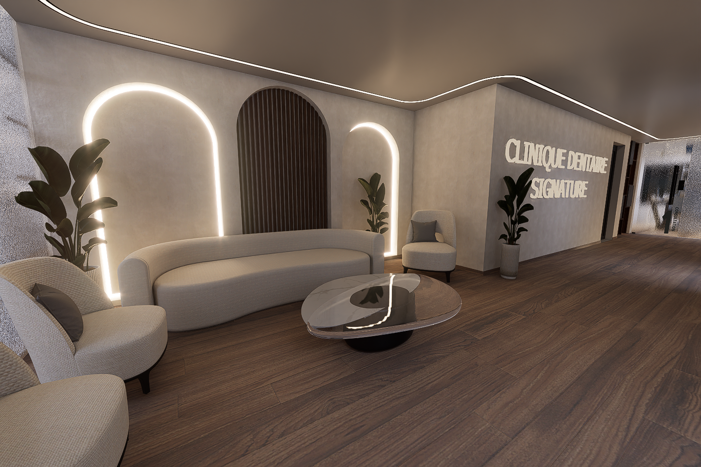 Salle d’attente – Cabinet Dentaire “Signature”Un espace pensé comme une véritable parenthèse de calme et de confort, où le design intérieur transforme l’attente en expérience premium.Dans ces rendus, la salle d’attente se distingue par une ambiance douce, chaleureuse et élégante, inspirée des codes de l’hôtellerie haut de gamme :🔹 Design organique et apaisantCanapé aux formes arrondies, fauteuils enveloppants et table centrale en finition minérale miroir pour une atmosphère fluide et sophistiquée.🔹 Architecture lumineuse signatureDes arches rétroéclairées intégrées au mur créent une profondeur visuelle unique et une ambiance rassurante, presque méditative.🔹 Matériaux nobles et naturelsBois chaleureux au sol, enduits muraux doux et textures textiles claires pour renforcer le sentiment de confort et de bien-être.🔹 Végétation intégréeDes plantes soigneusement positionnées apportent fraîcheur, équilibre et vie à l’espace.🔹 Éclairage indirect maîtriséUn jeu de LED linéaires et de lumières diffuses qui valorise les volumes sans agresser le regard.🔹 Continuité esthétique du projetL’espace reste cohérent avec l’identité globale du cabinet “Signature”, entre modernité, prestige et sérénité.💡 Un lieu qui ne ressemble plus à une salle d’attente classique, mais à un lounge médical haut de gamme pensé pour rassurer et valoriser l’expérience patient.