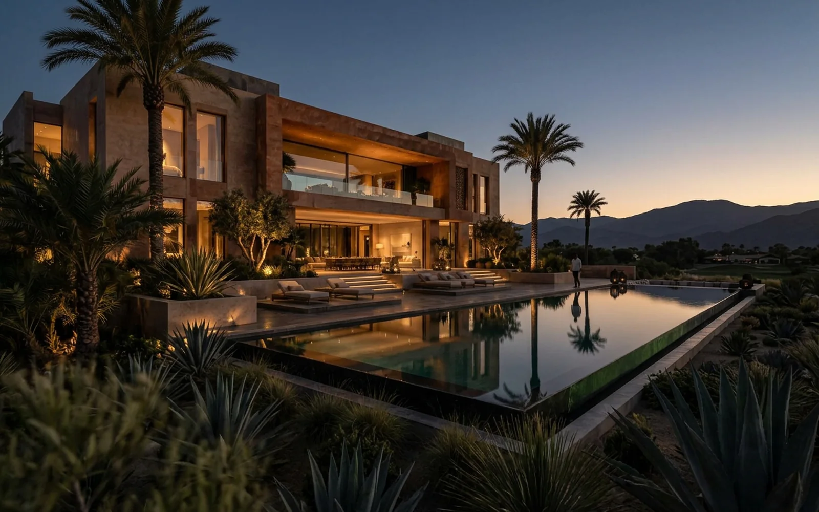 Film architectural 3D d’une villa contemporaine avec piscine au coucher du soleil — Digitaloa