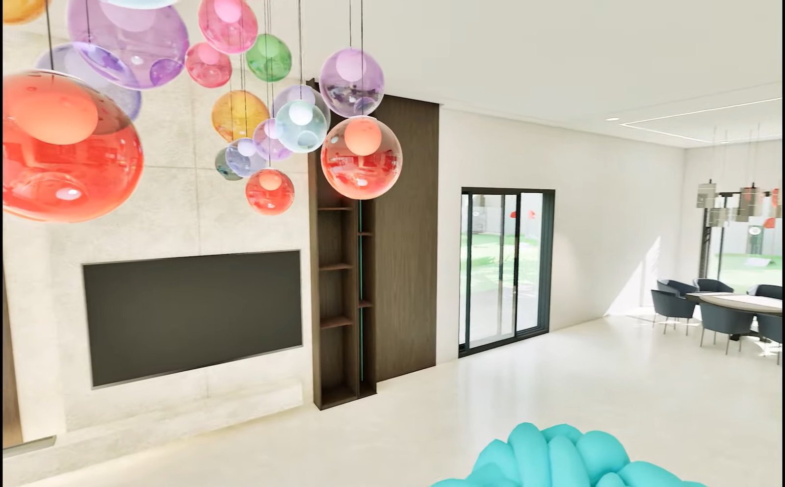 Villa A&S — pièce de vie avec suspensions colorées